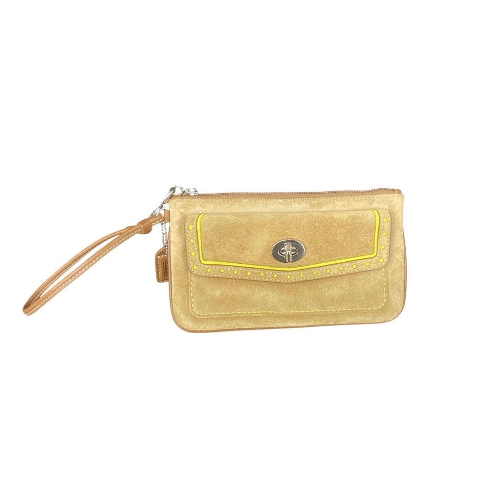 Coach Suede Leather Turnlock Wrislet Bag Mustard Yellow Trim